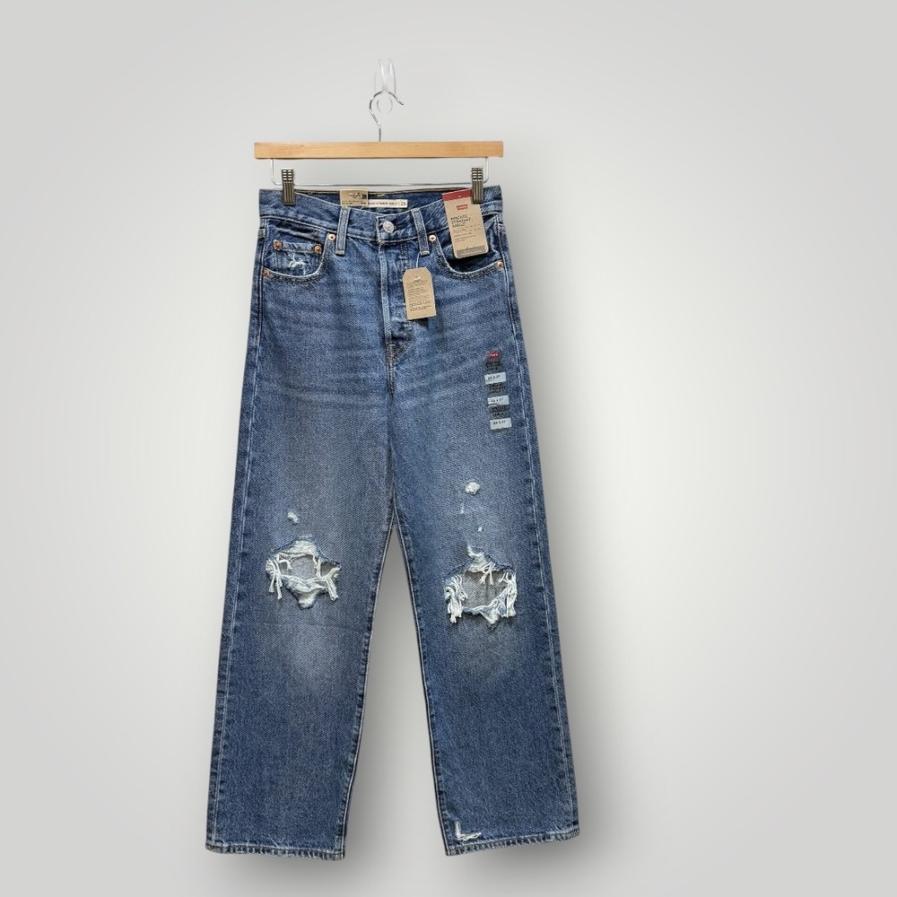 Levis Ribcage Straight Ankle Jeans Womens 26x27 Distressed‎ High Rise Blue Denim